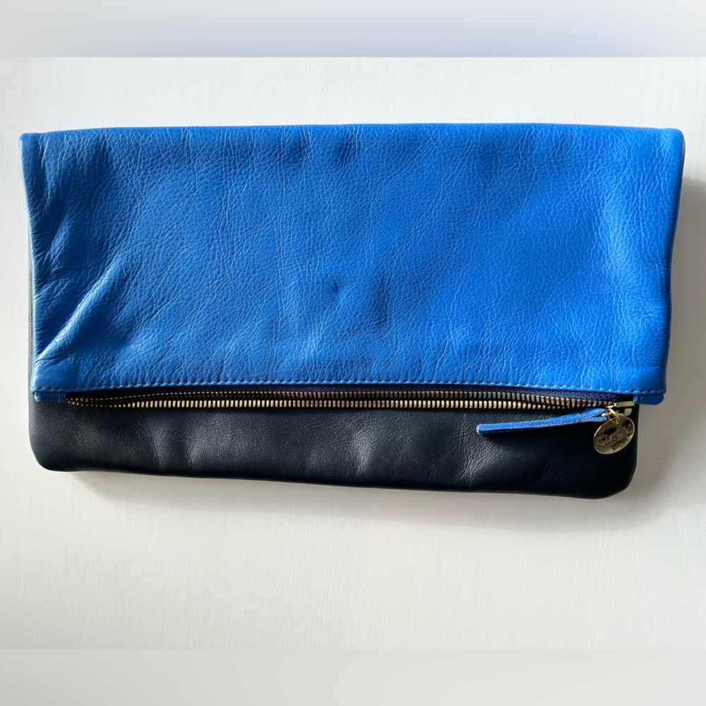 Clare V Blue Leather Pouch with Gold Zipper